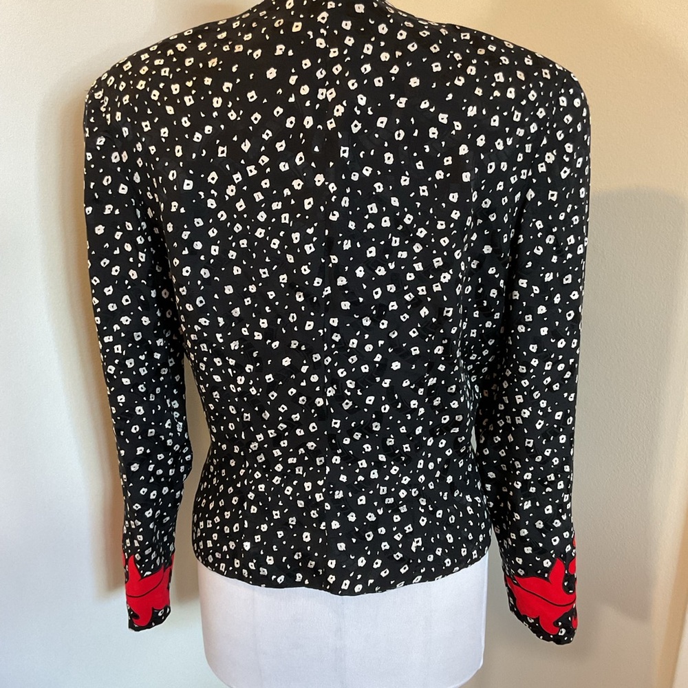 Vintage Julie Francis 100% Silk Blouse 12 Black White Dot Red Embroidered Leaf - Picture 6 of 8